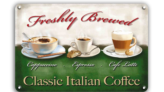 Metalen wandbord | Fleshly brewed | Classic Italian coffee |