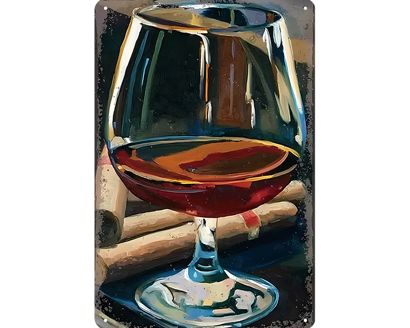 Metalen wandbord | Cognac glas en sigaar |