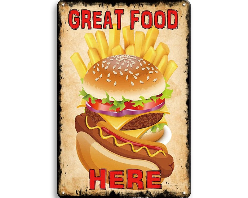 Metalen wandbord | Great food here |
