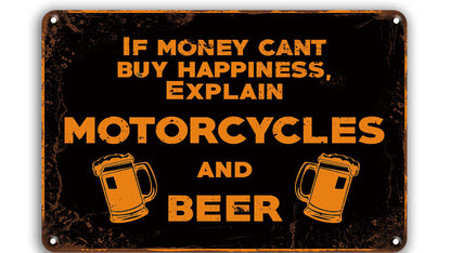 Metalen wandbord | If money can't buy happiness | Explain motorcycles and beer |