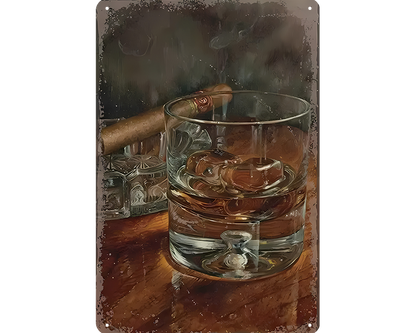 Metalen wandbord | Whiskey glas en sigaar |