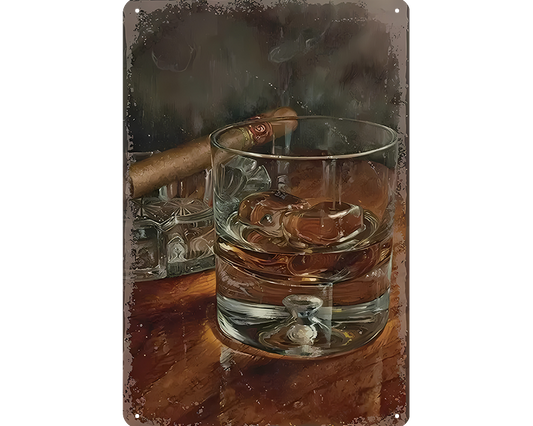 Metalen wandbord | Whiskey glas en sigaar |