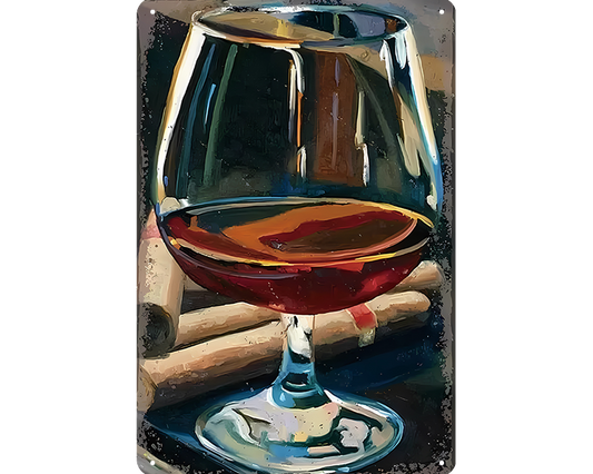 Metalen wandbord | Cognac glas en sigaar |