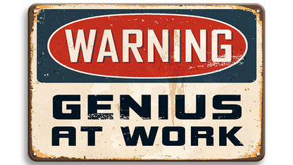 Metalen wandbord | Warning | Genius at work |