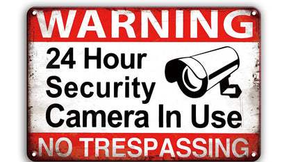 Metalen wandbord | Warning no trespassing | 24 hour security camera in use |