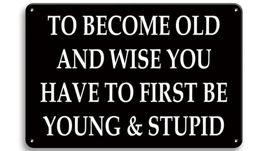 Metalen wandbord | To become old and wise you have to first be young & stupid |