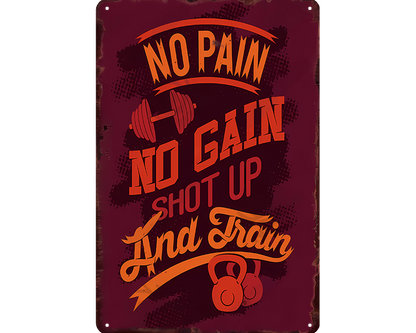 Metalen wandbord | No pain no gain | Shot up and train |