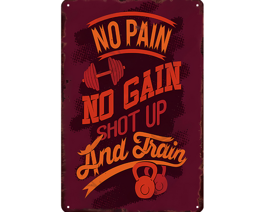 Metalen wandbord | No pain no gain | Shot up and train |