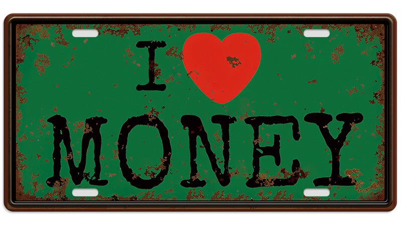 Metalen wandbord | I love money | Kentekenplaat | 15x30cm |