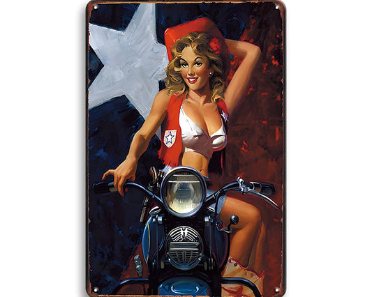 Metalen wandbord | Vrouw op motor |