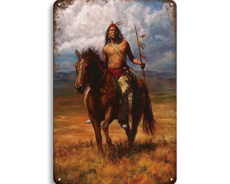 Metalen wandbord | Indiaan op paard |