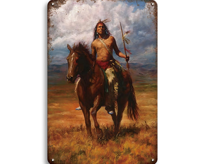 Metalen wandbord | Indiaan op paard |