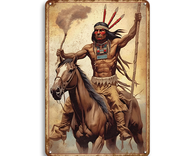 Metalen wandbord | Indiaan op paard #2 |