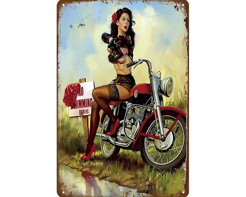 Metalen wandbord | Vrouw op motor |