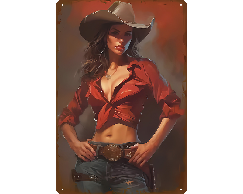 Metalen wandbord | Vrouw met cowboyhoed |