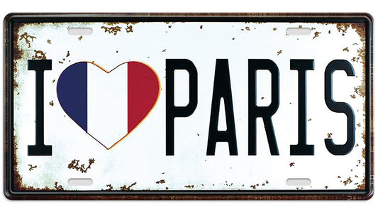 Metalen wandbord | I love Paris | Kentekenplaat | 15x30cm |