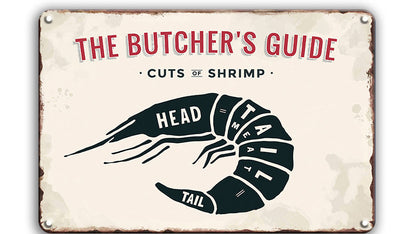 Metalen wandbord | The butcher's guide | Cuts of shrimp |