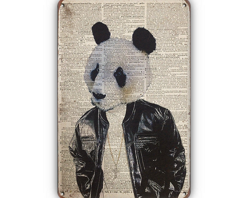 Metalen wandbord | Panda met leren jas |