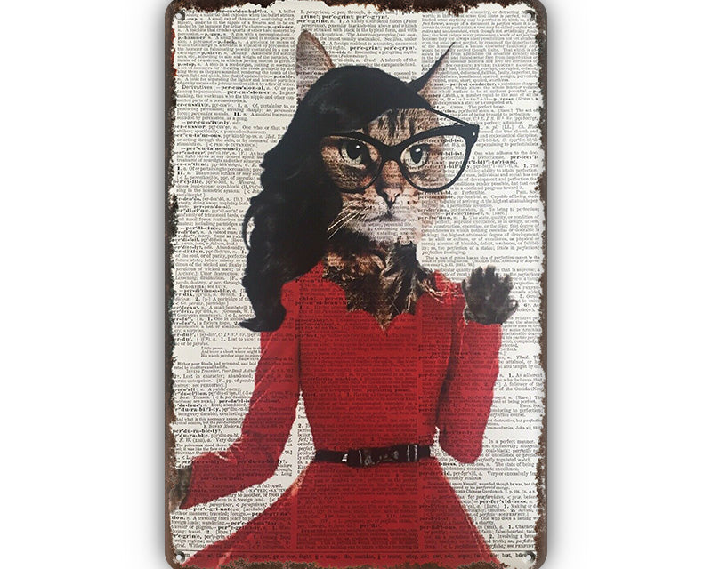Metalen wandbord | Kat met rode jurk |