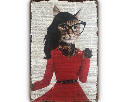 Metalen wandbord | Kat met rode jurk |
