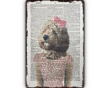 Metalen wandbord | Hond met roze strikje |