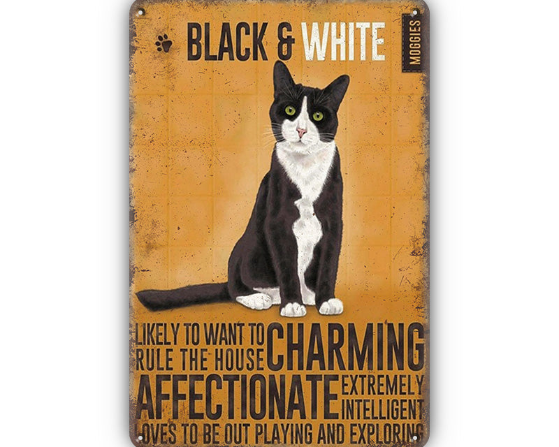 Metalen wandbord | Black & white cat |