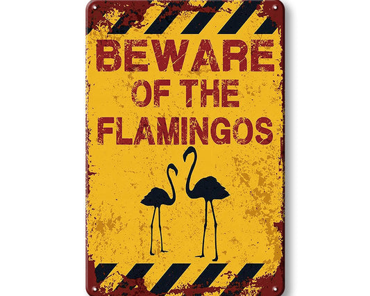 Metalen wandbord | Beware of the flamingos |