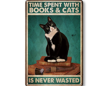 Metalen wandbord | Time spent with books & cats | Is never wasted |