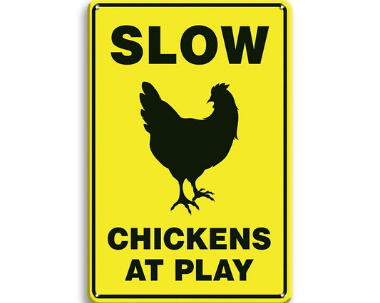 Metalen wandbord | Slow | Chickens at play |