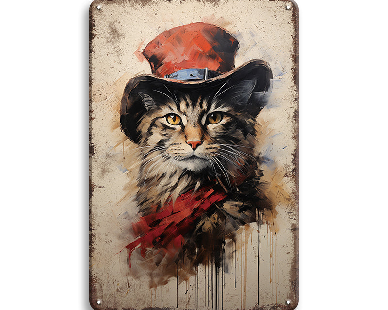 Metalen wandbord | Kat met rode hoed |