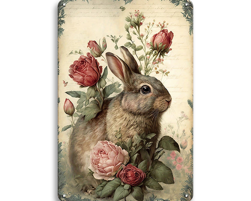 Metalen wandbord | Konijn | Bloemen |