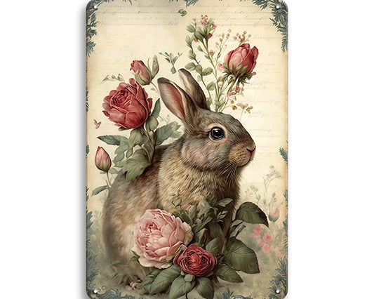 Metalen wandbord | Konijn | Bloemen |