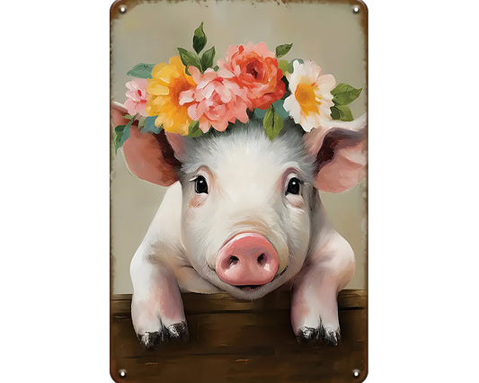 Metalen wandbord | Varkentje | Bloemen |