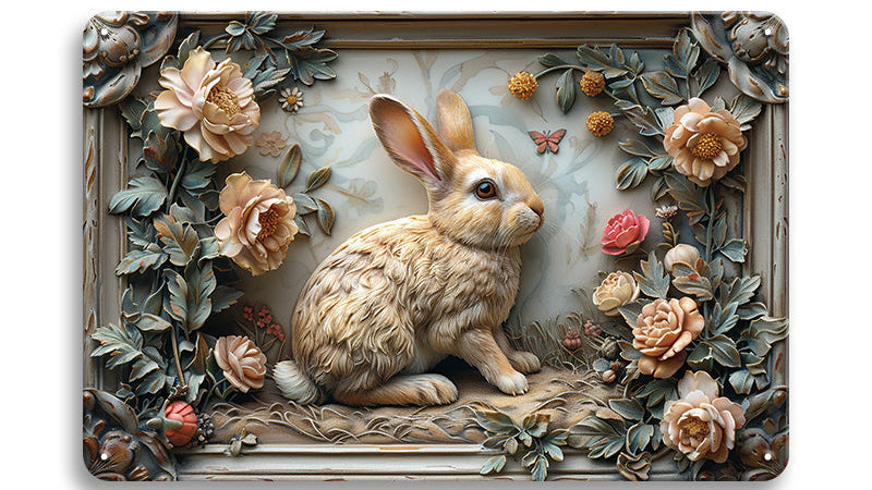Metalen wandbord | Konijn | Bloemen #2 |