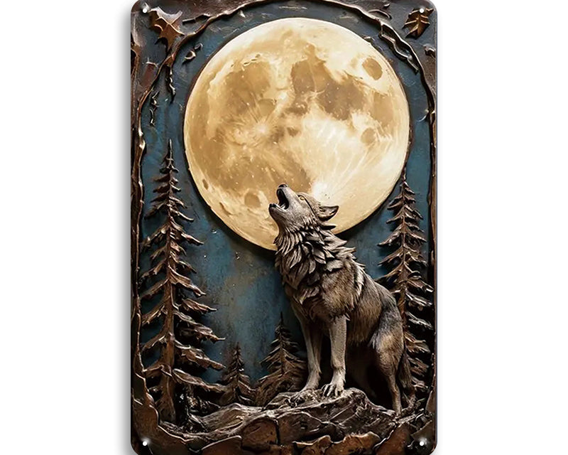 Metalen wandbord | Wolf bij maan |