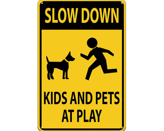 Metalen wandbord | Slow down | Kids and pets at play |
