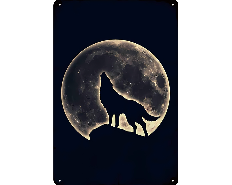 Metalen wandbord | Wolf bij maan |
