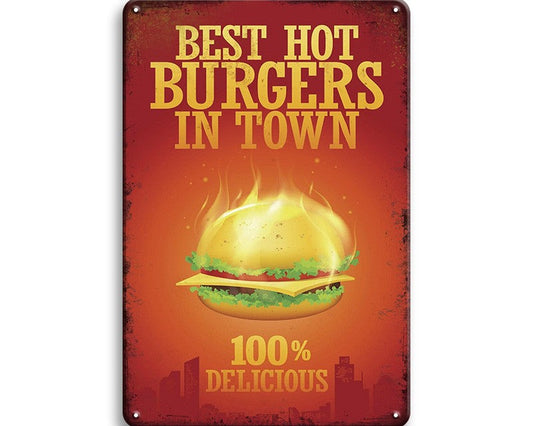 Metalen wandbord | Best hot burgers in town | 100% delicious |