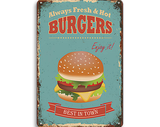 Metalen wandbord | Always fresh & hot burgers | Best in town |