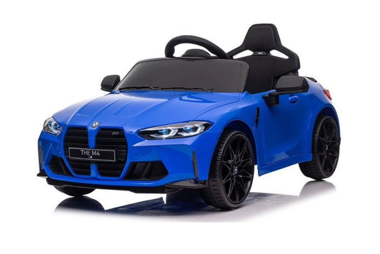 BMW M4 blauw elektrische kinderauto voorkant