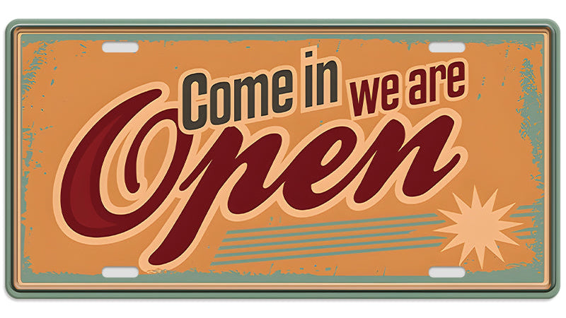Metalen wandbord | Come in we are open | Kentekenplaat | 15x30cm |