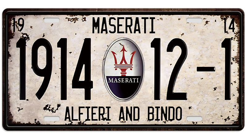 Metalen wandbord | Maserati Alfieri and Bindo | Kentekenplaat | 15x30cm |