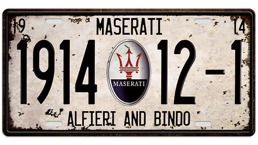 Metalen wandbord | Maserati Alfieri and Bindo | Kentekenplaat | 15x30cm |
