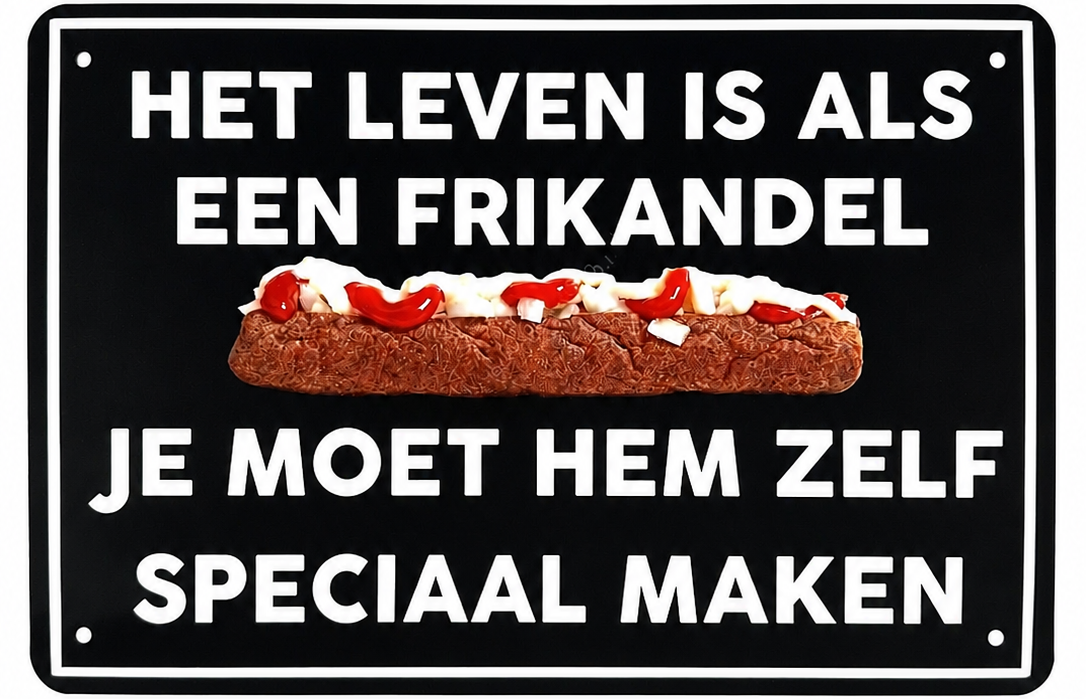 Metalen wandbord | Het leven is als een frikandel | Je moet hem zelf speciaal maken |