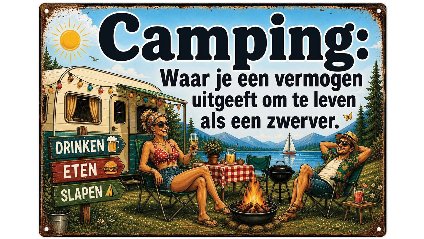 Metalen wandbord | Camping | Waar je een vermogen uitgeeft om te leven als een zwerver |