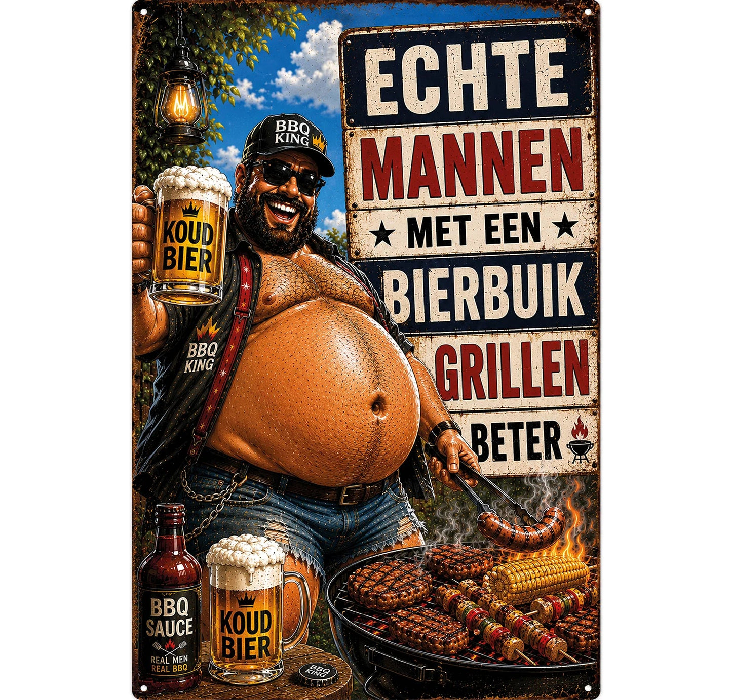 Metalen wandbord | Echte mannen met een bierbuik grillen beter |