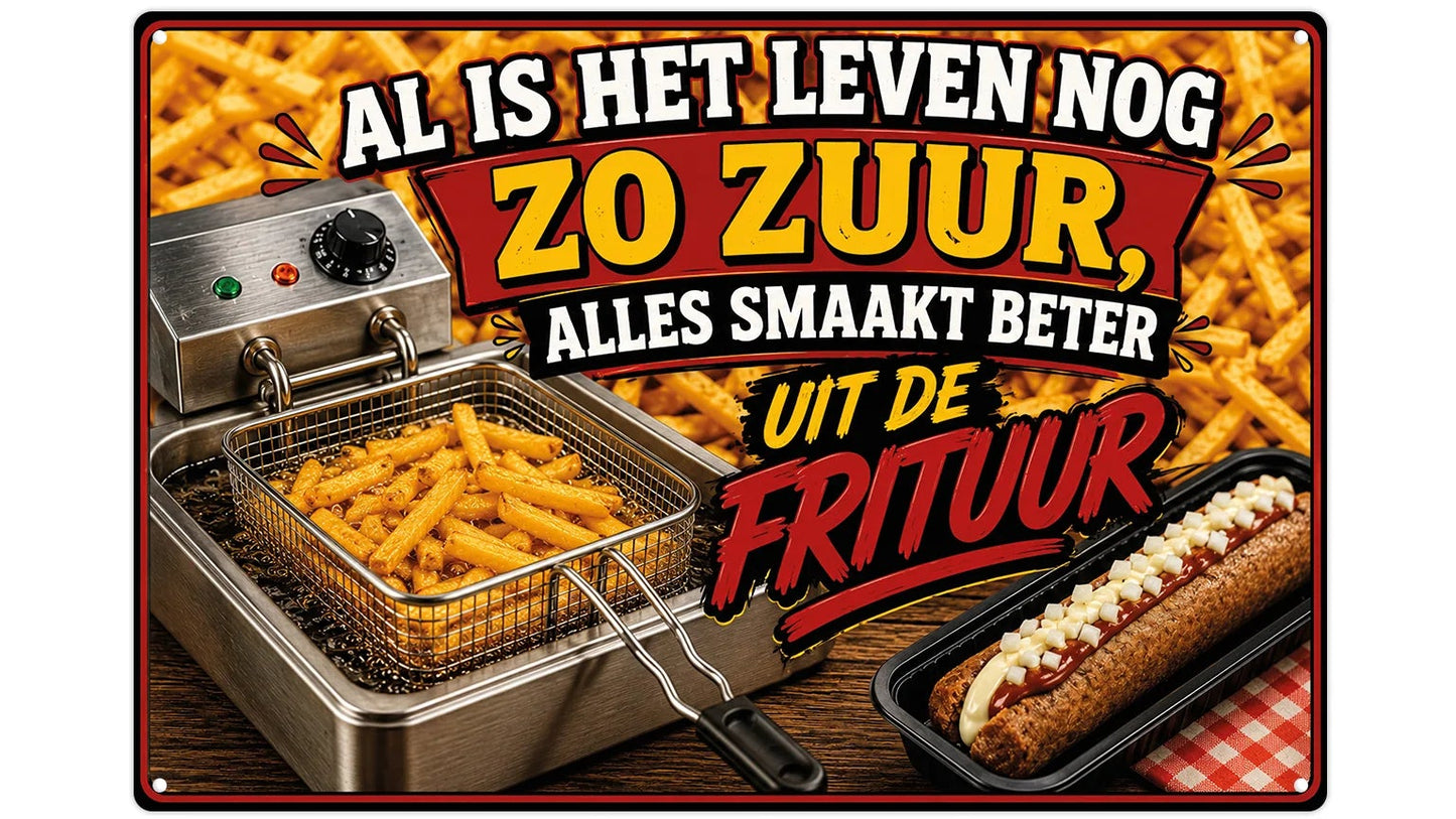 Metalen wandbord | Al is het leven nog zo zuur, alles smaakt beter uit de frituur |