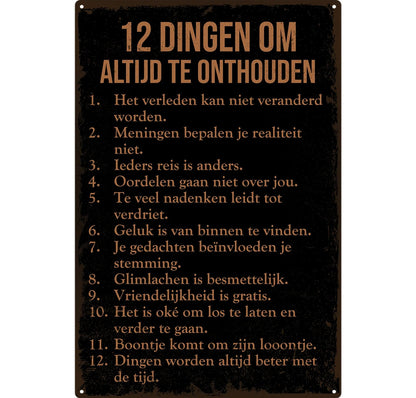 Metalen wandbord | Twaalf dingen om altijd te onthouden |