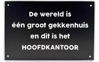 Metalen wandbord | De wereld is één groot gekkenhuis en dit is het hoofdkantoor |